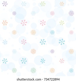 Seamless Christmas background with random scatter falling colorful snowflakes and blue polka dots isolated on white.