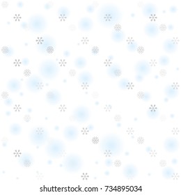 Seamless Christmas background with random scatter falling silver snowflakes and blue blurred dots isolated on white.
