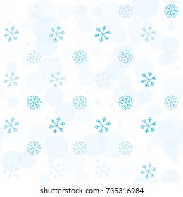 Seamless Christmas background with random scatter falling turquoise snowflakes and blue polka dots isolated on white.