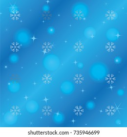Seamless Christmas background with random scatter falling silver snowflakes, blue blurred lights and sparkles on a blue background