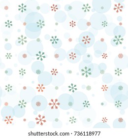 Seamless Christmas background with random scatter falling colorful snowflakes and blue polka dots isolated on white.