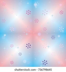 Seamless Christmas background with random scatter falling colorful snowflakes, bright lights and sparkles on a blue and pink blurred background