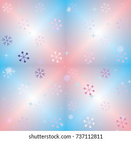 Seamless Christmas background with random scatter falling colorful snowflakes, bright lights and sparkles on a blue and pink blurred background