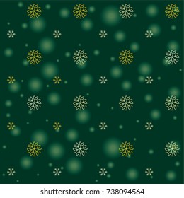 Seamless Christmas background with random scatter falling golden snowflakes and green blurred lights on a dark green background.
