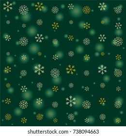 Seamless Christmas background with random scatter falling golden snowflakes and green blurred lights on a dark green background.