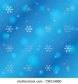 Seamless Christmas background with random scatter falling silver snowflakes, blue blurred lights and sparkles on a blue background