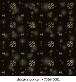Seamless Christmas background with random scatter falling gold snowflakes and yellow blurred lights isolated on black.