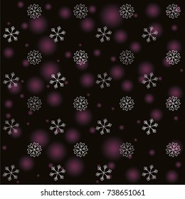 Seamless Christmas background with random scatter falling silver snowflakes and pink blurred lights isolated on black
