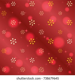 Seamless Christmas background with random scatter falling golden snowflakes, red blurred lights and sparkles on a red gradient background
