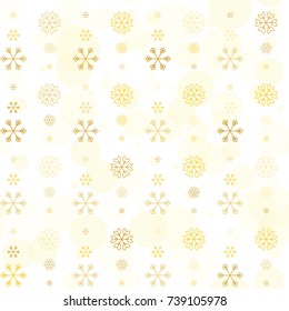Seamless Christmas background with random scatter falling golden snowflakes and yellow polka dots isolated on white.