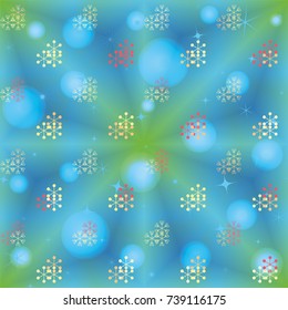 Seamless Christmas background with random scatter falling colorful snowflakes and bright lights and sparkles on a blue and green background.