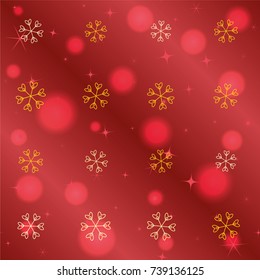Seamless Christmas background with random scatter falling golden snowflakes, red blurred lights and sparkles on a red gradient background