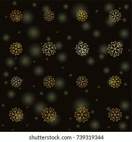 Seamless Christmas background with random scatter falling gold snowflakes and yellow blurred lights isolated on black.