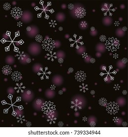 Seamless Christmas background with random scatter falling silver snowflakes and pink blurred lights isolated on black