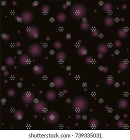 Seamless Christmas background with random scatter falling silver snowflakes and pink blurred lights isolated on black