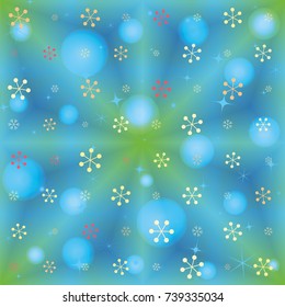 Seamless Christmas background with random scatter falling colorful snowflakes and bright lights and sparkles on a blue and green background.
