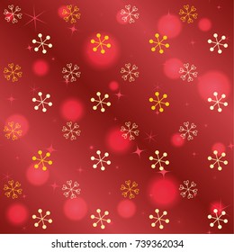 Seamless Christmas background with random scatter falling golden snowflakes, red blurred lights and sparkles on a red gradient background