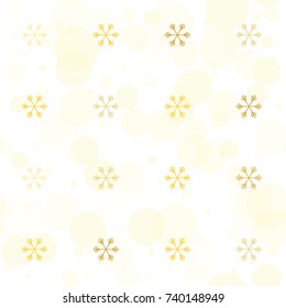 Seamless Christmas background with random scatter falling golden snowflakes and yellow polka dots isolated on white.