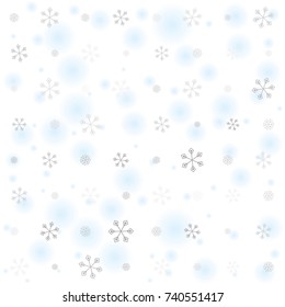 Seamless Christmas background with random scatter falling silver snowflakes and blue blurred dots isolated on white.