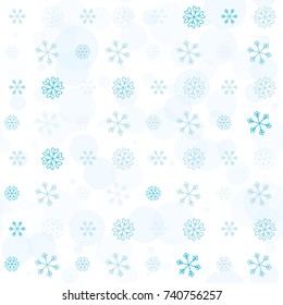 Seamless Christmas background with random scatter falling turquoise snowflakes and blue polka dots isolated on white.