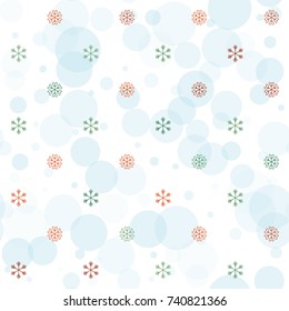 Seamless Christmas background with random scatter falling colorful snowflakes and blue polka dots isolated on white.