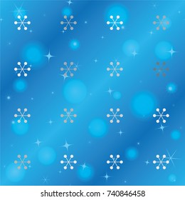 Seamless Christmas background with random scatter falling silver snowflakes, blue blurred lights and sparkles on a blue background