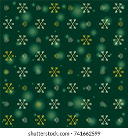 Seamless Christmas background with random scatter falling golden snowflakes and green blurred lights on a dark green background.