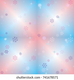 Seamless Christmas background with random scatter falling colorful snowflakes, bright lights and sparkles on a blue and pink blurred background