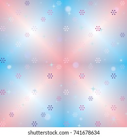 Seamless Christmas background with random scatter falling colorful snowflakes, bright lights and sparkles on a blue and pink blurred background