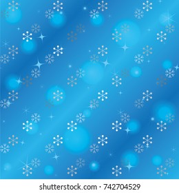 Seamless Christmas background with random scatter falling silver snowflakes, blue blurred lights and sparkles on a blue background