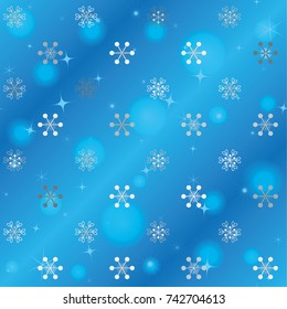Seamless Christmas background with random scatter falling silver snowflakes, blue blurred lights and sparkles on a blue background