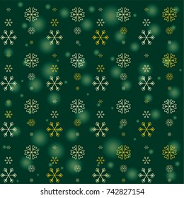 Seamless Christmas background with random scatter falling golden snowflakes and green blurred lights on a dark green background.