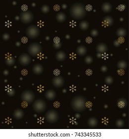 Seamless Christmas background with random scatter falling gold snowflakes and yellow blurred lights isolated on black.