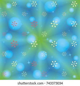 Seamless Christmas background with random scatter falling colorful snowflakes and bright lights and sparkles on a blue and green background.