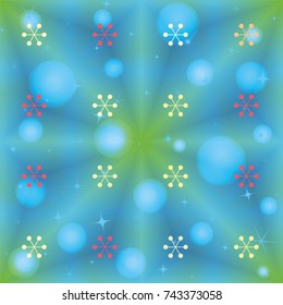 Seamless Christmas background with random scatter falling colorful snowflakes and bright lights and sparkles on a blue and green background.