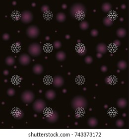 Seamless Christmas background with random scatter falling silver snowflakes and pink blurred lights isolated on black