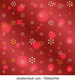 Seamless Christmas background with random scatter falling golden snowflakes, red blurred lights and sparkles on a red gradient background