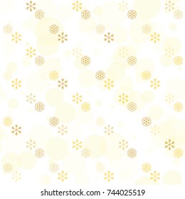 Seamless Christmas background with random scatter falling golden snowflakes and yellow polka dots isolated on white.