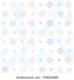 Seamless Christmas background with random scatter falling colorful snowflakes and blue polka dots isolated on white.