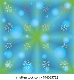 Seamless Christmas background with random scatter falling colorful snowflakes and bright lights and sparkles on a blue and green background.