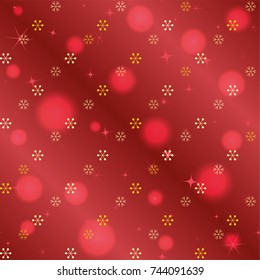 Seamless Christmas background with random scatter falling golden snowflakes, red blurred lights and sparkles on a red gradient background