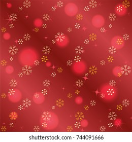 Seamless Christmas background with random scatter falling golden snowflakes, red blurred lights and sparkles on a red gradient background