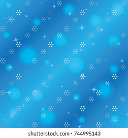 Seamless Christmas background with random scatter falling silver snowflakes, blue blurred lights and sparkles on a blue background