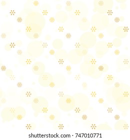 Seamless Christmas background with random scatter falling golden snowflakes and yellow polka dots isolated on white.