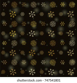 Seamless Christmas background with random scatter falling gold snowflakes and yellow blurred lights isolated on black.