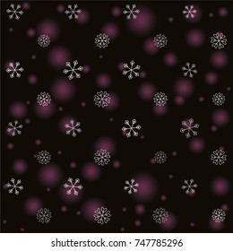 Seamless Christmas background with random scatter falling silver snowflakes and pink blurred lights isolated on black