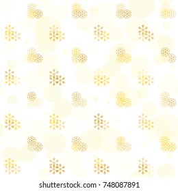 Seamless Christmas background with random scatter falling golden snowflakes and yellow polka dots isolated on white.