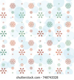 Seamless Christmas background with random scatter falling colorful snowflakes and blue polka dots isolated on white.