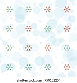Seamless Christmas background with random scatter falling colorful snowflakes and blue polka dots isolated on white.