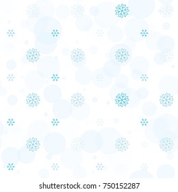 Seamless Christmas background with random scatter falling turquoise snowflakes and blue polka dots isolated on white.